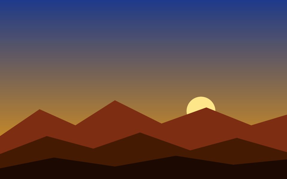 Layered ridges under a dusk sky with a low sun